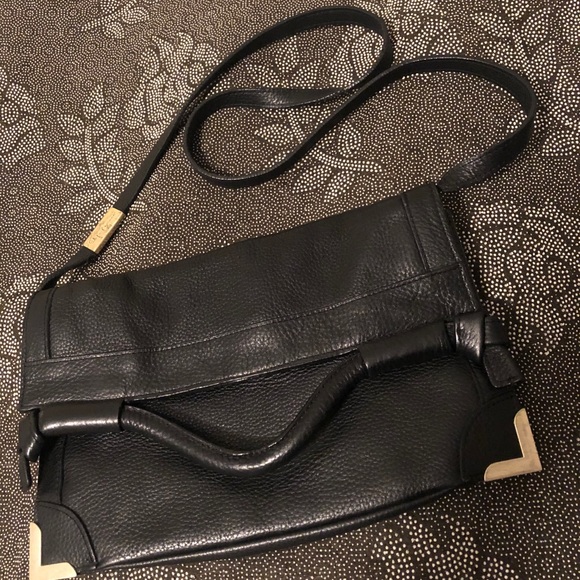 FOLEY AND CORRINA BLACK LEATHER CROSSBODY BAG, corner hardware, great shape - Picture 1 of 12
